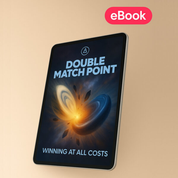 Promotional image for 'Double Match Point - Winning at All Costs', an online backgammon ebook with a graphical representation of a point in space and text overlay.